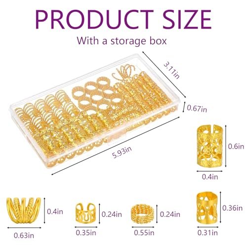 Tuefuzy 110 Pcs Gold Hair Jewelry for Braids and Dreadlocks - Metal Rings, Cuffs, Clips Accessory Decorations - Golden Yellow - görsel 6