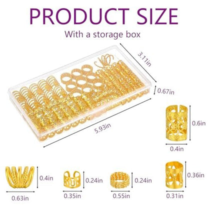 Tuefuzy 110 Pcs Gold Hair Jewelry for Braids and Dreadlocks - Metal Rings, Cuffs, Clips Accessory Decorations - Golden Yellow