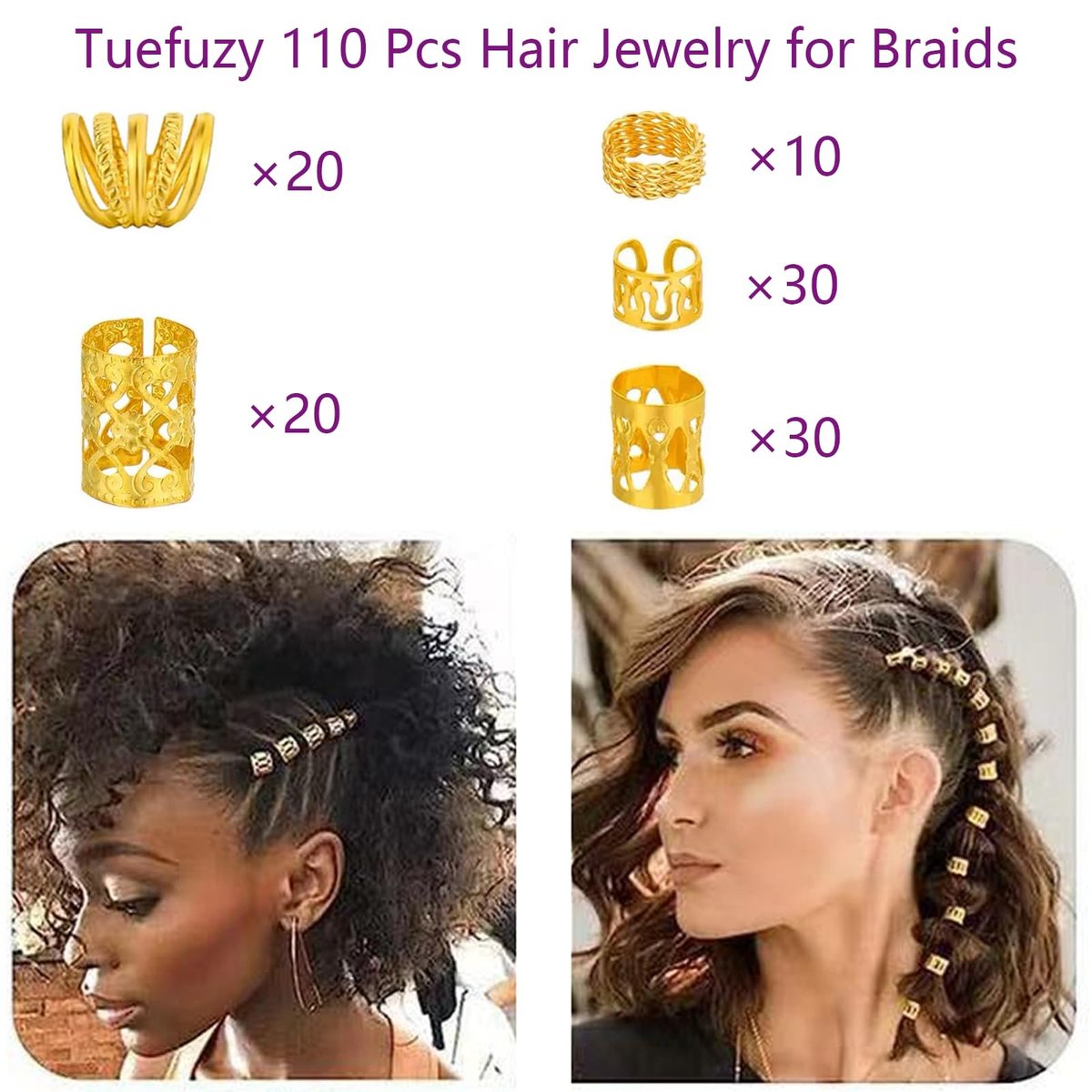 Tuefuzy 110 Pcs Gold Hair Jewelry for Braids and Dreadlocks - Metal Rings, Cuffs, Clips Accessory Decorations - Golden Yellow - görsel 3