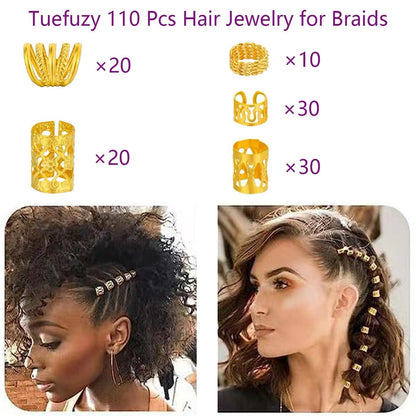 Tuefuzy 110 Pcs Gold Hair Jewelry for Braids and Dreadlocks - Metal Rings, Cuffs, Clips Accessory Decorations - Golden Yellow