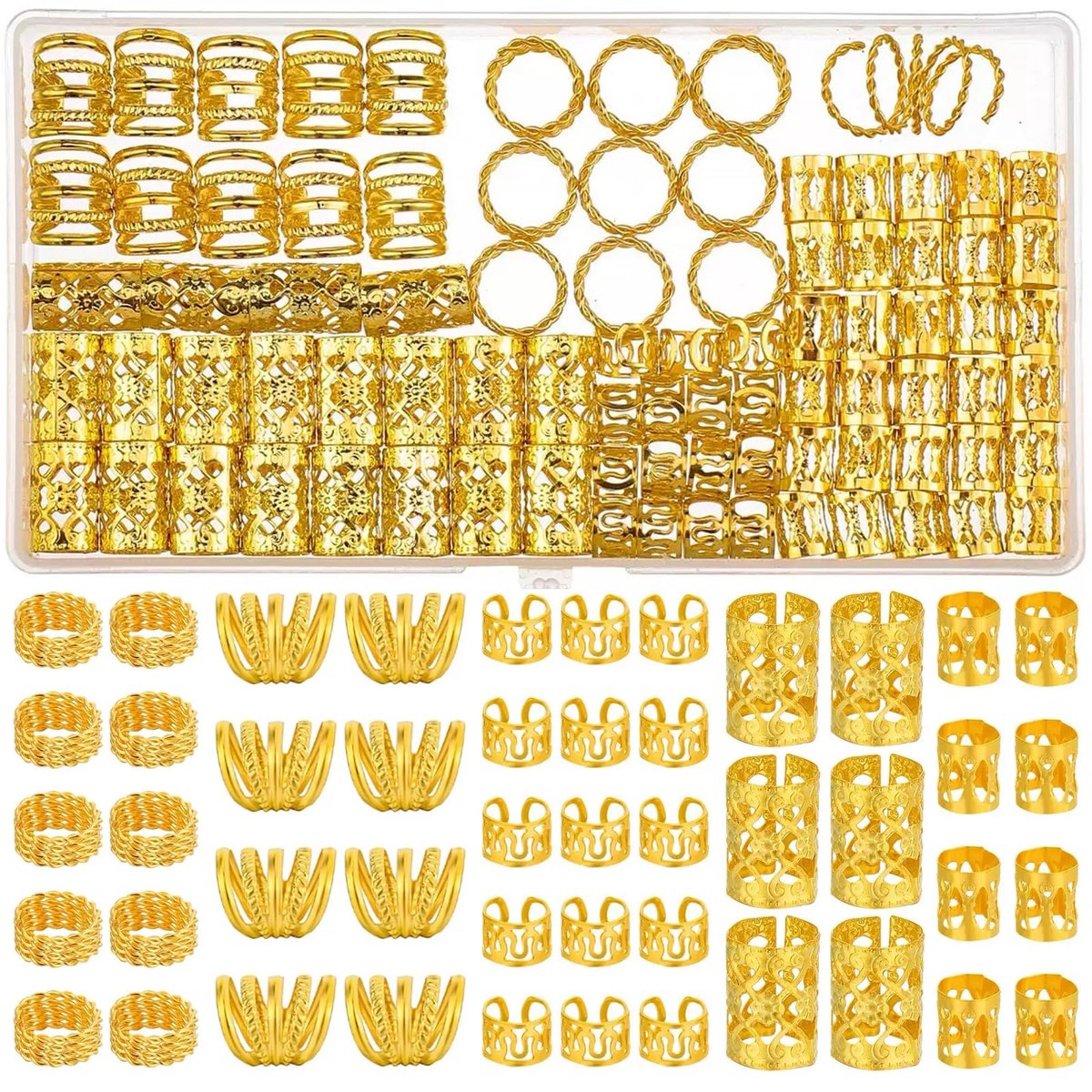 Tuefuzy 110 Pcs Gold Hair Jewelry for Braids and Dreadlocks - Metal Rings, Cuffs, Clips Accessory Decorations - Golden Yellow - görsel 1