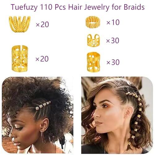 Tuefuzy 110 Pcs Gold Hair Jewelry for Braids and Dreadlocks - Metal Rings, Cuffs, Clips Accessory Decorations - Golden Yellow - görsel 4