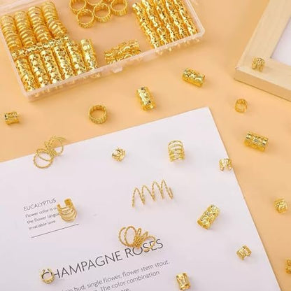 Tuefuzy 110 Pcs Gold Hair Jewelry for Braids and Dreadlocks - Metal Rings, Cuffs, Clips Accessory Decorations - Golden Yellow