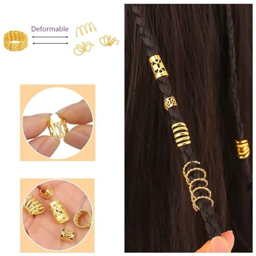 Tuefuzy 110 Pcs Gold Hair Jewelry for Braids and Dreadlocks - Metal Rings, Cuffs, Clips Accessory Decorations - Golden Yellow - görsel 10