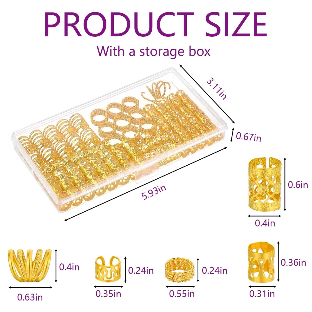 Tuefuzy 110 Pcs Gold Hair Jewelry for Braids and Dreadlocks - Metal Rings, Cuffs, Clips Accessory Decorations - Golden Yellow - görsel 5