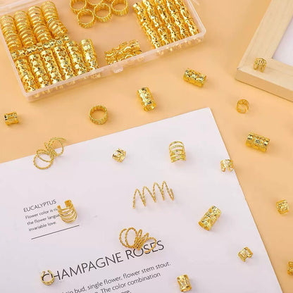 Tuefuzy 110 Pcs Gold Hair Jewelry for Braids and Dreadlocks - Metal Rings, Cuffs, Clips Accessory Decorations - Golden Yellow