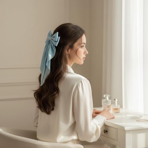 Light Blue Jumbo Silky Satin Bow Clip Hair Barrettes with Long Tails - Large French Metal Bowknot Hairpins for Girls - görsel 12