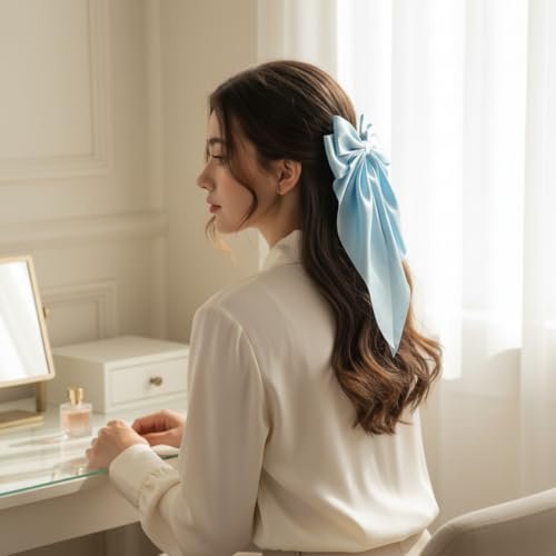 Light Blue Jumbo Silky Satin Bow Clip Hair Barrettes with Long Tails - Large French Metal Bowknot Hairpins for Girls - görsel 8
