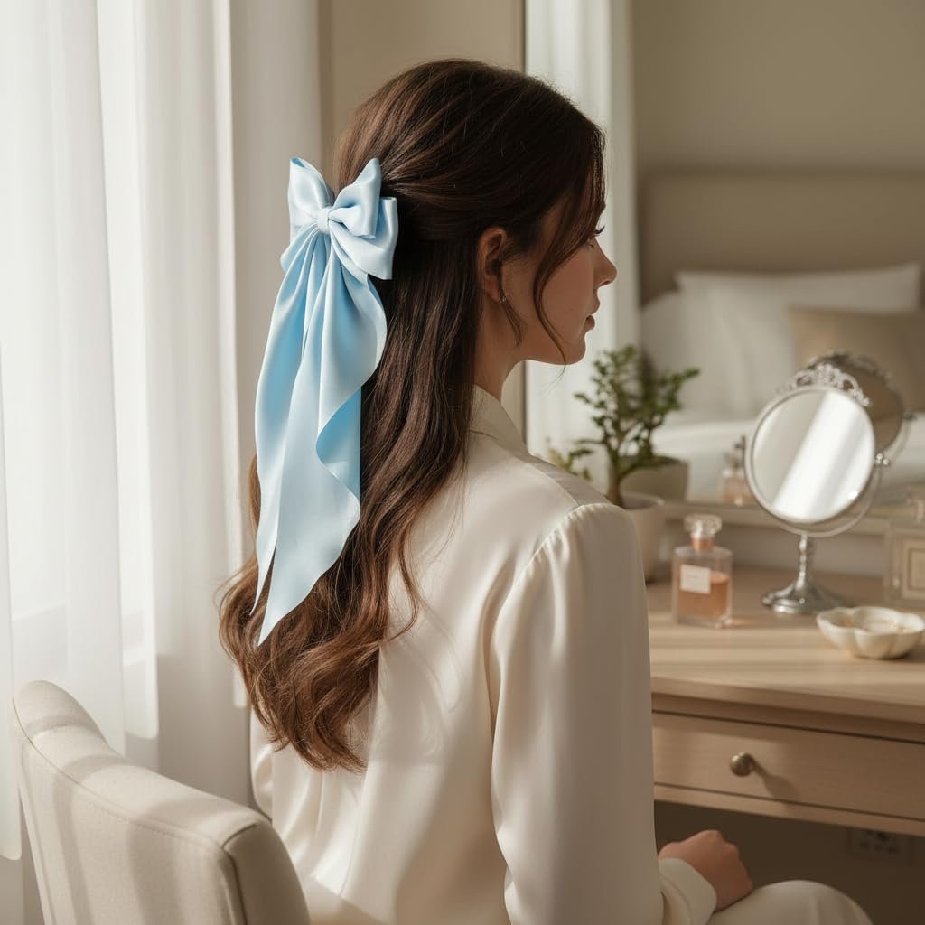 Light Blue Jumbo Silky Satin Bow Clip Hair Barrettes with Long Tails - Large French Metal Bowknot Hairpins for Girls - görsel 9