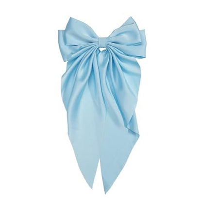 Light Blue Jumbo Silky Satin Bow Clip Hair Barrettes with Long Tails - Large French Metal Bowknot Hairpins for Girls