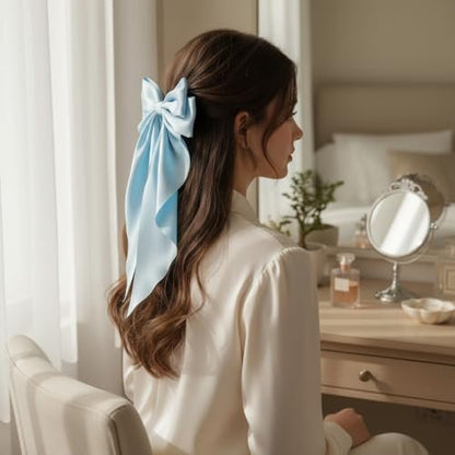 Light Blue Jumbo Silky Satin Bow Clip Hair Barrettes with Long Tails - Large French Metal Bowknot Hairpins for Girls