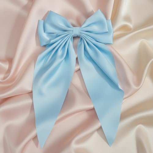 Light Blue Jumbo Silky Satin Bow Clip Hair Barrettes with Long Tails - Large French Metal Bowknot Hairpins for Girls - görsel 4