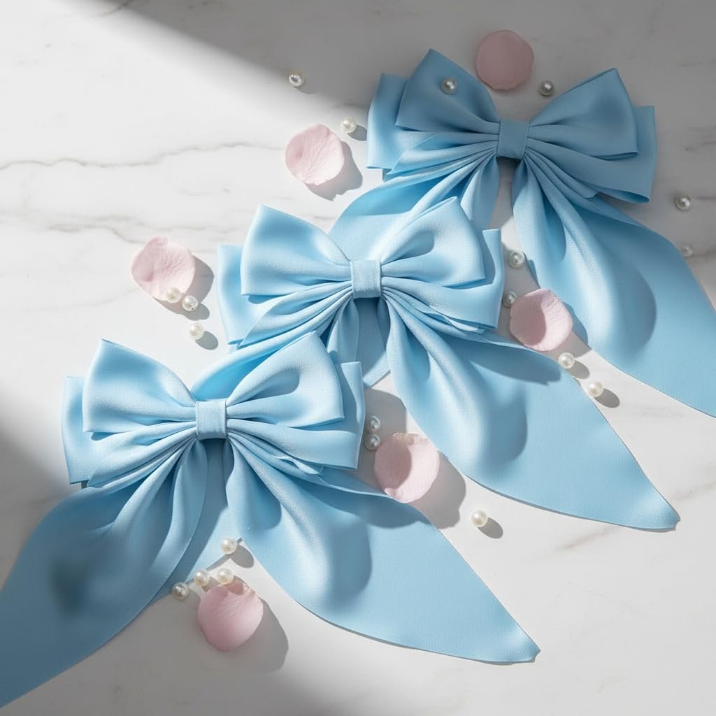 Light Blue Jumbo Silky Satin Bow Clip Hair Barrettes with Long Tails - Large French Metal Bowknot Hairpins for Girls - görsel 5