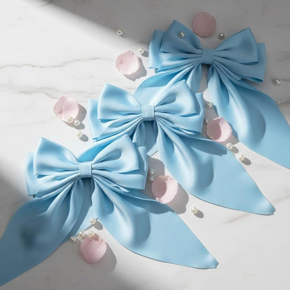 Light Blue Jumbo Silky Satin Bow Clip Hair Barrettes with Long Tails - Large French Metal Bowknot Hairpins for Girls