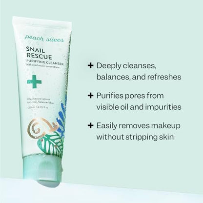 Peach Slices Snail Rescue Purifying Cleanser - Snail Mucin Face Wash with Pine Bark, Hyaluronic Acid & Cica - Korean Skin Care, 4.05 oz