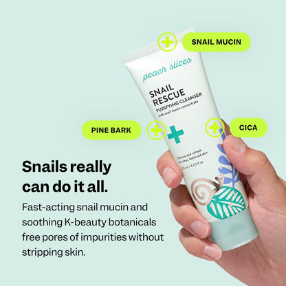 Peach Slices Snail Rescue Purifying Cleanser - Snail Mucin Face Wash with Pine Bark, Hyaluronic Acid & Cica - Korean Skin Care, 4.05 oz