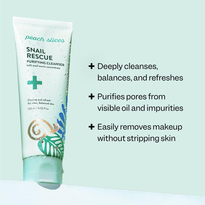 Peach Slices Snail Rescue Purifying Cleanser - Snail Mucin Face Wash with Pine Bark, Hyaluronic Acid & Cica - Korean Skin Care, 4.05 oz