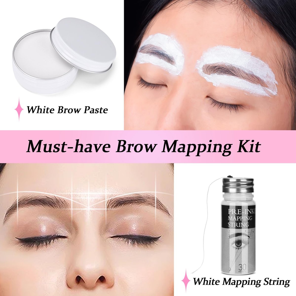 ATOMUS Brow Mapping String Set – 30m White Thread, 10g White Paste & 2 Brushes for Precise Eyebrow Mapping - görsel 3