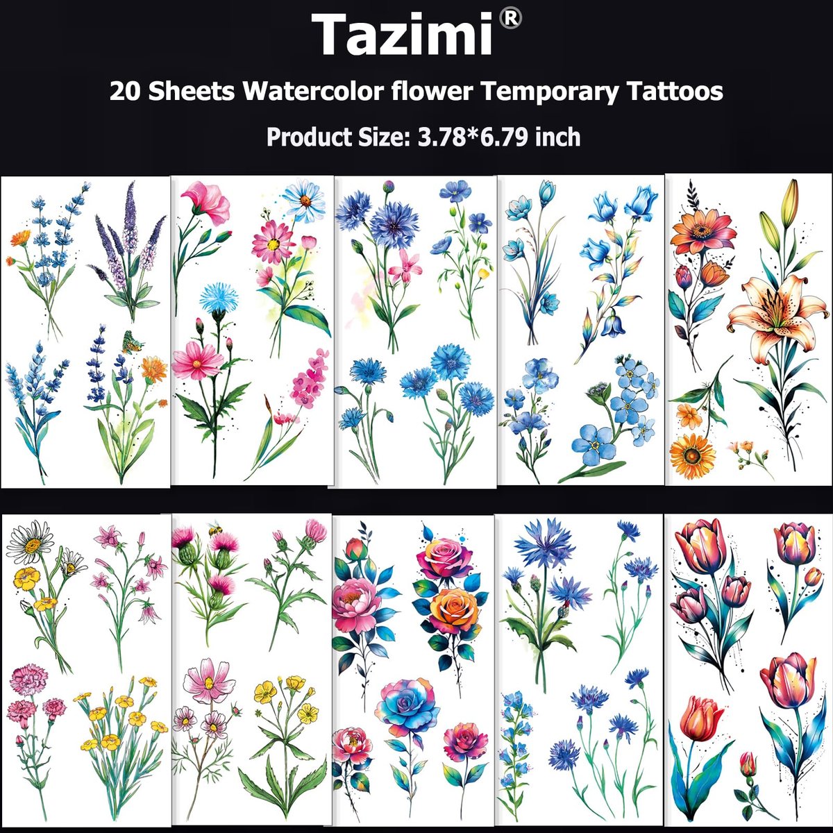 Tazimi 20 Sheets 3D Watercolor Flowers Temporary Tattoos for Women Girls - Lily Daisy Lavender Dandelion Rose Tiny Floral Tattoos Sticker Realistic Long Lasting Fake Tattoo Stickers - görsel 7