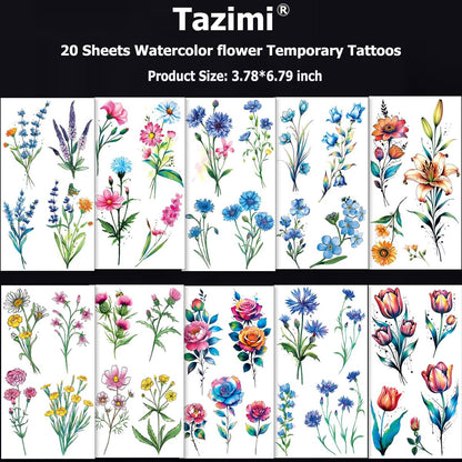 Tazimi 20 Sheets 3D Watercolor Flowers Temporary Tattoos for Women Girls - Lily Daisy Lavender Dandelion Rose Tiny Floral Tattoos Sticker Realistic Long Lasting Fake Tattoo Stickers