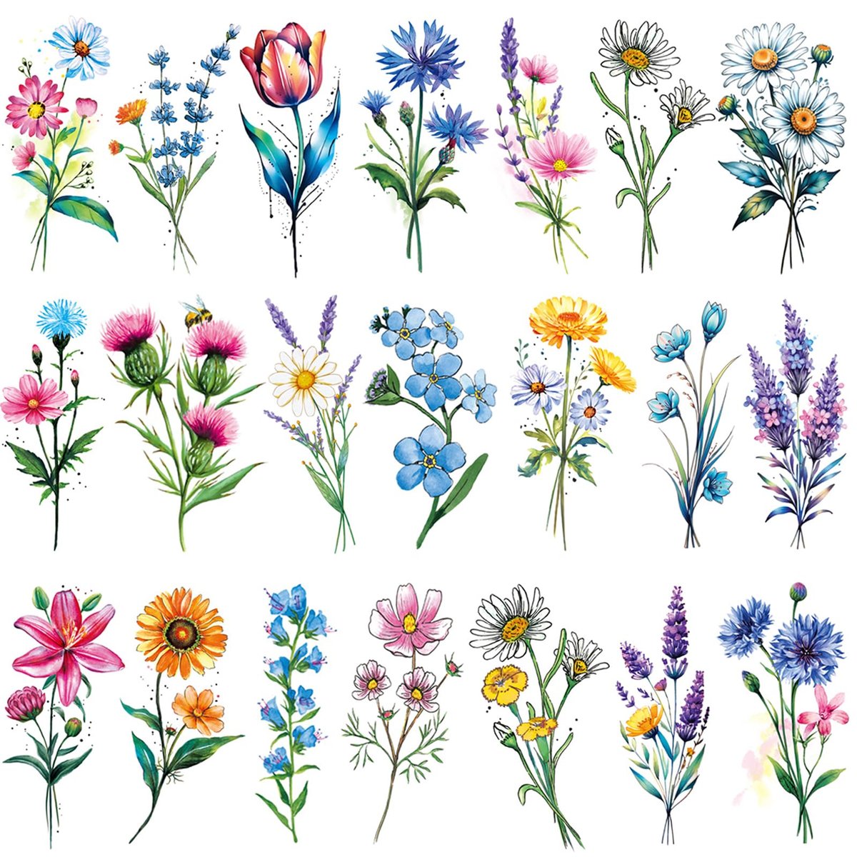 Tazimi 20 Sheets 3D Watercolor Flowers Temporary Tattoos for Women Girls - Lily Daisy Lavender Dandelion Rose Tiny Floral Tattoos Sticker Realistic Long Lasting Fake Tattoo Stickers - görsel 1