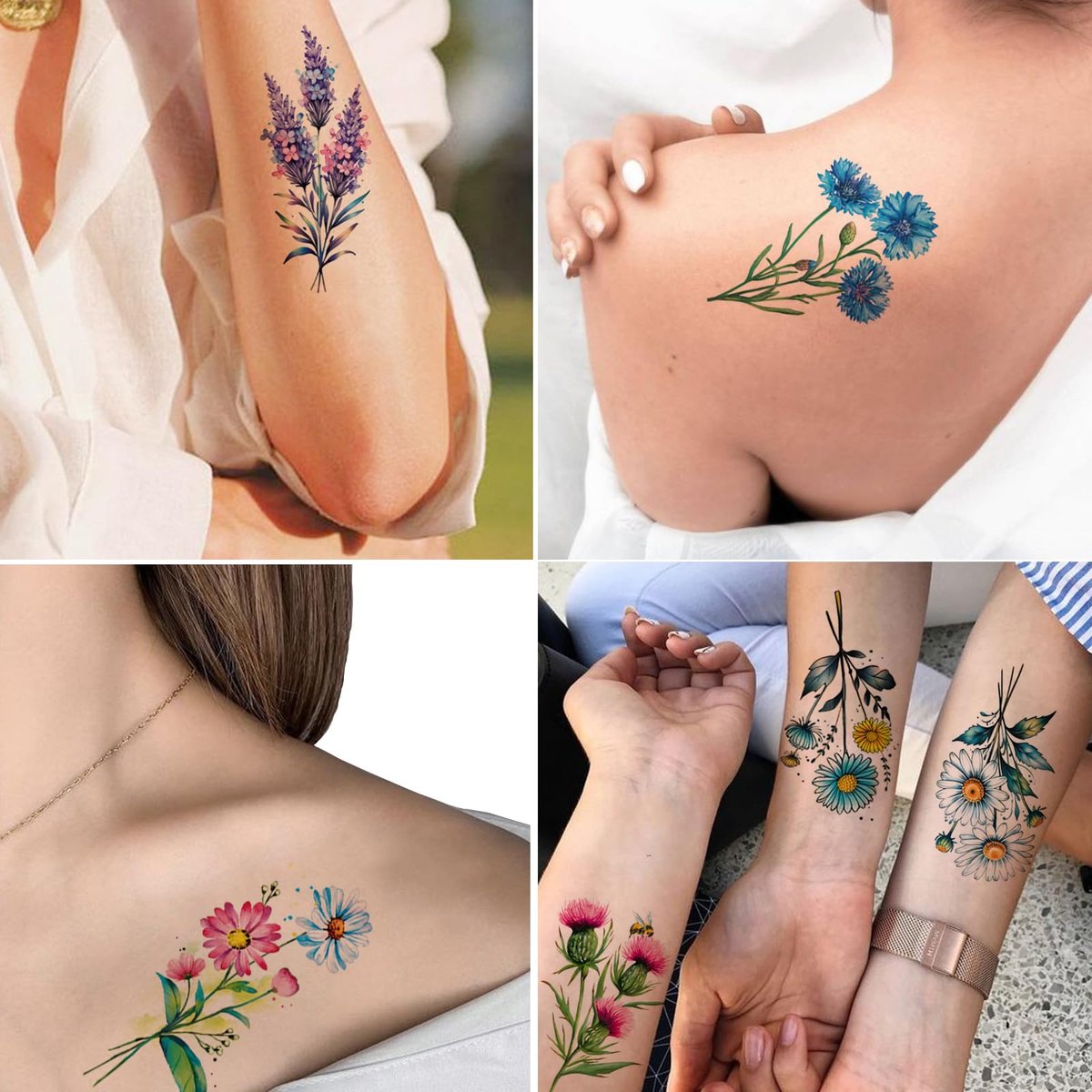 Tazimi 20 Sheets 3D Watercolor Flowers Temporary Tattoos for Women Girls - Lily Daisy Lavender Dandelion Rose Tiny Floral Tattoos Sticker Realistic Long Lasting Fake Tattoo Stickers - görsel 11