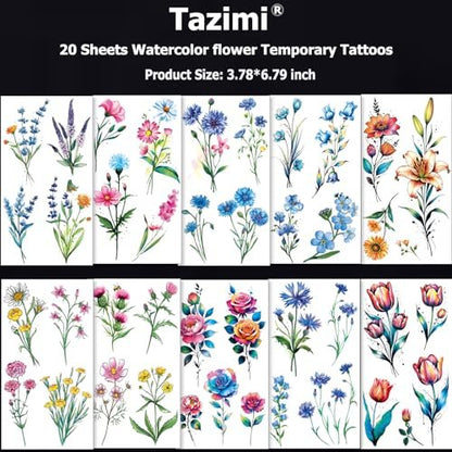 Tazimi 20 Sheets 3D Watercolor Flowers Temporary Tattoos for Women Girls - Lily Daisy Lavender Dandelion Rose Tiny Floral Tattoos Sticker Realistic Long Lasting Fake Tattoo Stickers
