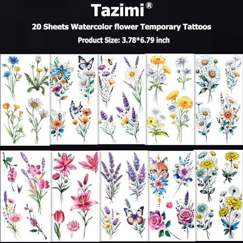 Tazimi 20 Sheets 3D Watercolor Flowers Temporary Tattoos for Women Girls - Lily Daisy Lavender Dandelion Rose Tiny Floral Tattoos Sticker Realistic Long Lasting Fake Tattoo Stickers - görsel 6