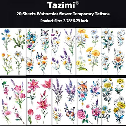 Tazimi 20 Sheets 3D Watercolor Flowers Temporary Tattoos for Women Girls - Lily Daisy Lavender Dandelion Rose Tiny Floral Tattoos Sticker Realistic Long Lasting Fake Tattoo Stickers