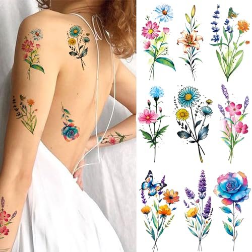 Tazimi 20 Sheets 3D Watercolor Flowers Temporary Tattoos for Women Girls - Lily Daisy Lavender Dandelion Rose Tiny Floral Tattoos Sticker Realistic Long Lasting Fake Tattoo Stickers - görsel 10