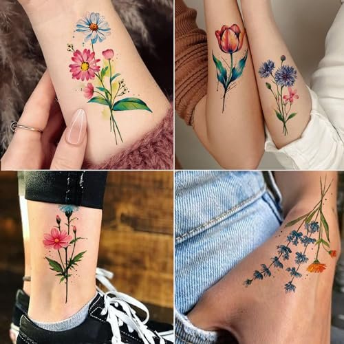Tazimi 20 Sheets 3D Watercolor Flowers Temporary Tattoos for Women Girls - Lily Daisy Lavender Dandelion Rose Tiny Floral Tattoos Sticker Realistic Long Lasting Fake Tattoo Stickers - görsel 4