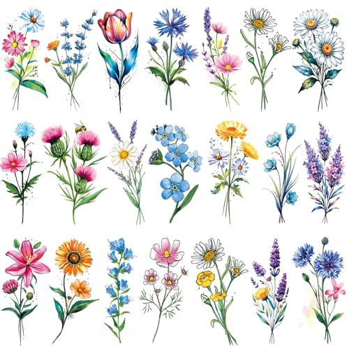 Tazimi 20 Sheets 3D Watercolor Flowers Temporary Tattoos for Women Girls - Lily Daisy Lavender Dandelion Rose Tiny Floral Tattoos Sticker Realistic Long Lasting Fake Tattoo Stickers - görsel 2