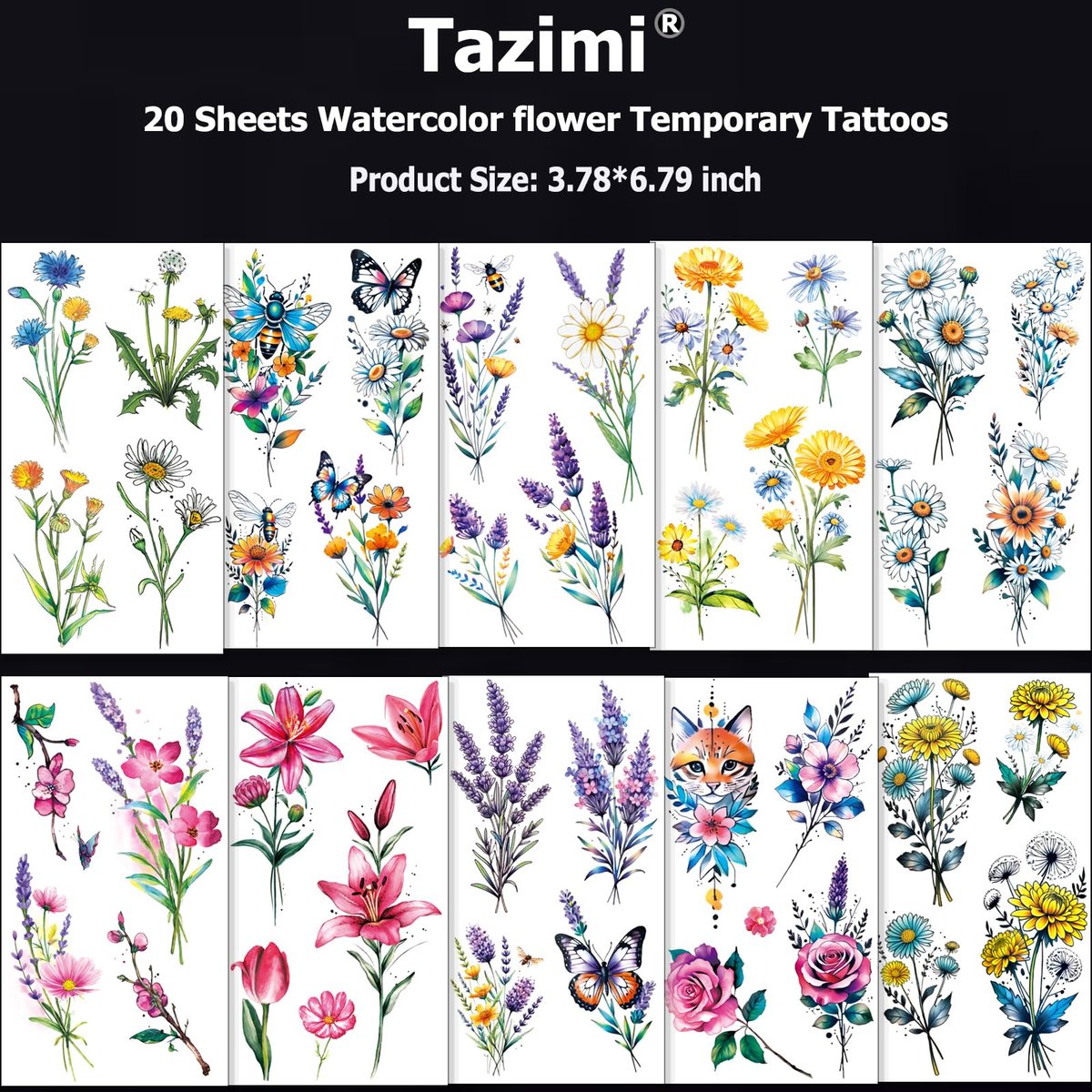 Tazimi 20 Sheets 3D Watercolor Flowers Temporary Tattoos for Women Girls - Lily Daisy Lavender Dandelion Rose Tiny Floral Tattoos Sticker Realistic Long Lasting Fake Tattoo Stickers - görsel 5