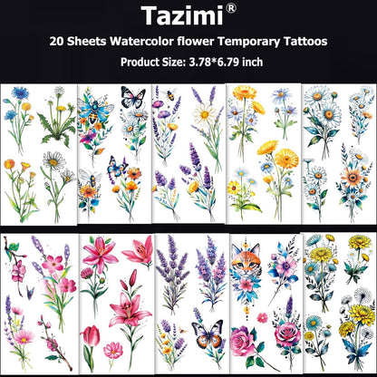 Tazimi 20 Sheets 3D Watercolor Flowers Temporary Tattoos for Women Girls - Lily Daisy Lavender Dandelion Rose Tiny Floral Tattoos Sticker Realistic Long Lasting Fake Tattoo Stickers