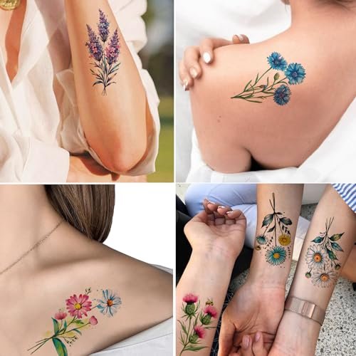 Tazimi 20 Sheets 3D Watercolor Flowers Temporary Tattoos for Women Girls - Lily Daisy Lavender Dandelion Rose Tiny Floral Tattoos Sticker Realistic Long Lasting Fake Tattoo Stickers - görsel 12
