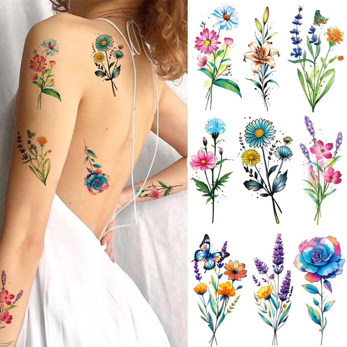 Tazimi 20 Sheets 3D Watercolor Flowers Temporary Tattoos for Women Girls - Lily Daisy Lavender Dandelion Rose Tiny Floral Tattoos Sticker Realistic Long Lasting Fake Tattoo Stickers - görsel 9