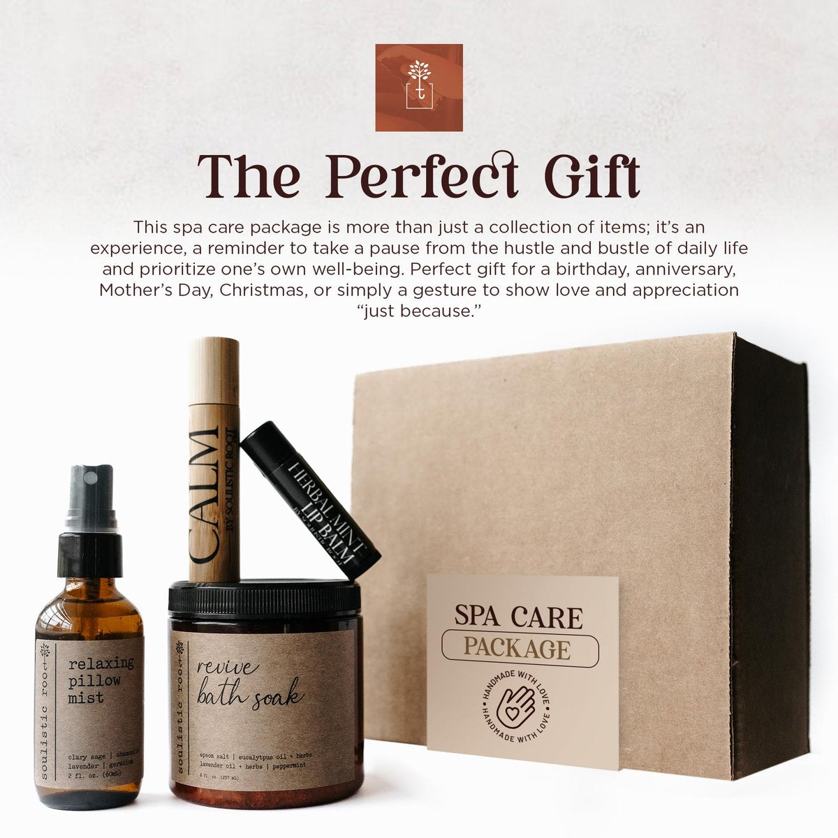 SOULISTIC ROOT Self-Care Set - Luxury Spa Bath Kit with Pillow Mist, Cooling Lip Balm, Essential Oil Roller & Epsom Salt Bath Soak, Holistic Gifts for Him & Her Avelisse