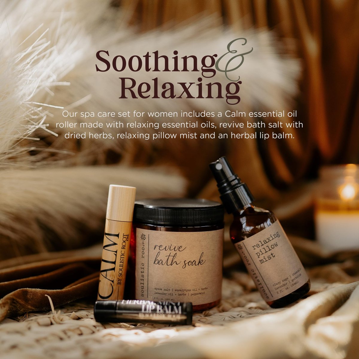 SOULISTIC ROOT Self-Care Set - Luxury Spa Bath Kit with Pillow Mist, Cooling Lip Balm, Essential Oil Roller & Epsom Salt Bath Soak, Holistic Gifts for Him & Her Avelisse
