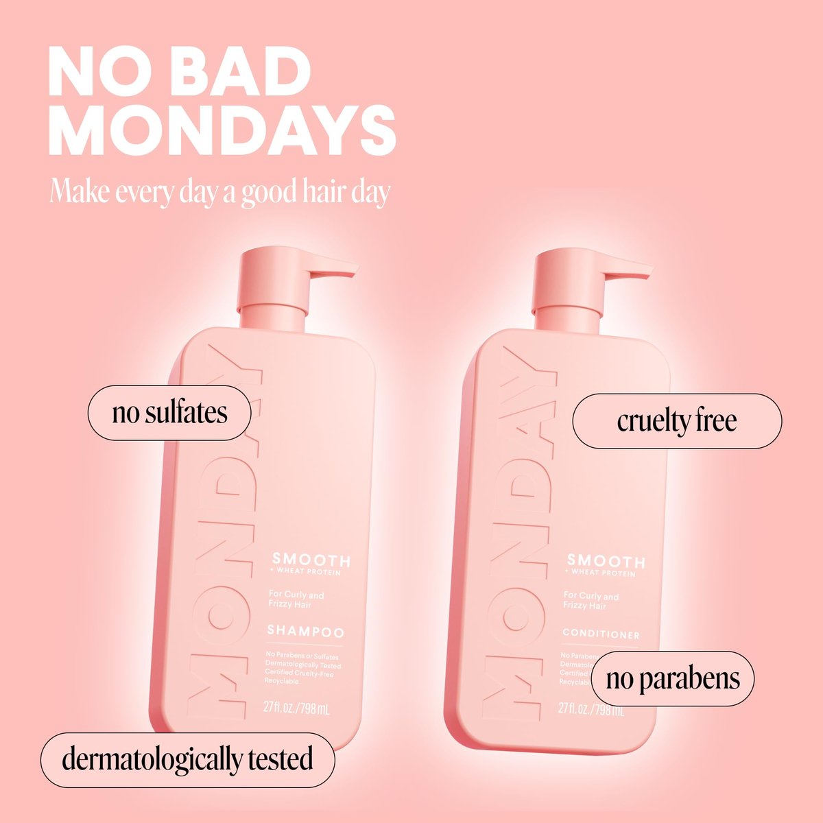 MONDAY HAIRCARE Smooth Shampoo + Conditioner Set for Frizzy, Coarse & Curly Hair – Coconut Oil, Shea Butter & Vitamin E – 27 oz Each – 100% Recyclable Bottle – Pink Avelisse