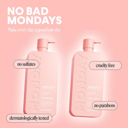 MONDAY HAIRCARE Smooth Shampoo + Conditioner Set for Frizzy, Coarse & Curly Hair – Coconut Oil, Shea Butter & Vitamin E – 27 oz Each – 100% Recyclable Bottle – Pink Avelisse