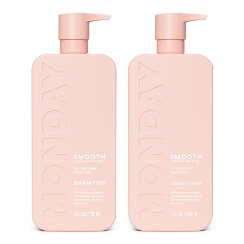 MONDAY HAIRCARE Smooth Shampoo + Conditioner Set for Frizzy, Coarse & Curly Hair – Coconut Oil, Shea Butter & Vitamin E – 27 oz Each – 100% Recyclable Bottle – Pink Avelisse