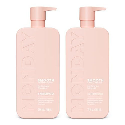 MONDAY HAIRCARE Smooth Shampoo + Conditioner Set for Frizzy, Coarse & Curly Hair – Coconut Oil, Shea Butter & Vitamin E – 27 oz Each – 100% Recyclable Bottle – Pink Avelisse