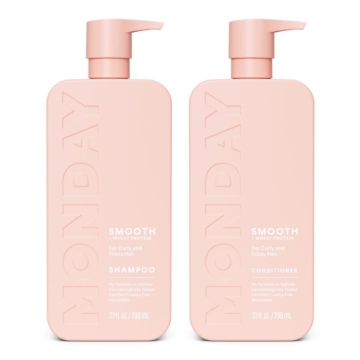 MONDAY HAIRCARE Smooth Shampoo + Conditioner Set for Frizzy, Coarse & Curly Hair – Coconut Oil, Shea Butter & Vitamin E – 27 oz Each – 100% Recyclable Bottle – Pink Avelisse
