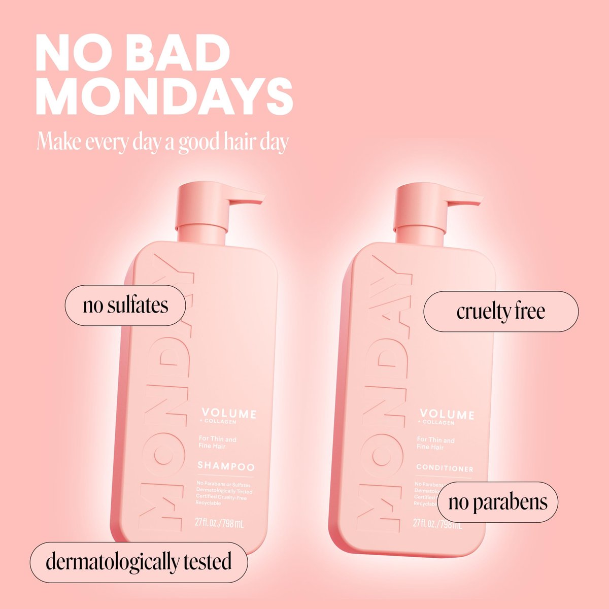 MONDAY HAIRCARE Volume Shampoo + Conditioner Set (2 Count) - 27 oz Each for Thin, Fine & Oily Hair - Made with Coconut Oil, Ginger Extract & Vitamin E - 100% Recyclable Bottles Avelisse