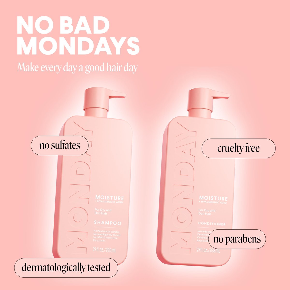 MONDAY HAIRCARE Moisture Shampoo + Conditioner Bathroom Set (2 Count) 27 oz Each for Dry, Coarse, Stressed, Frizzy Hair Avelisse