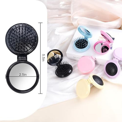 6-Piece Mini Hair Brush Set with Makeup Mirror – Compact Travel Hair Brushes for Women & Girls, Portable Round Hair Massage Comb, 6 Colors