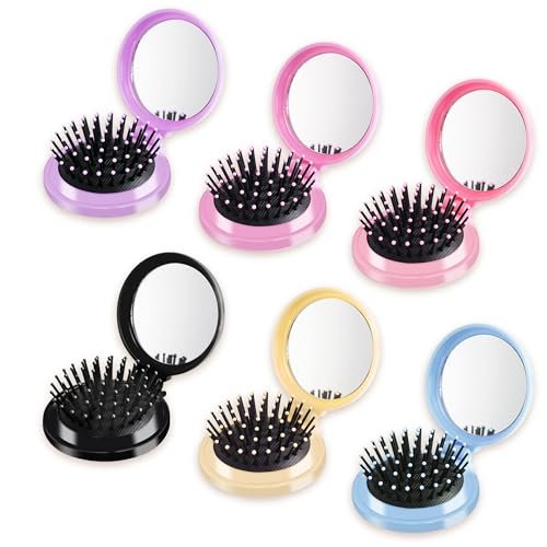 6-Piece Mini Hair Brush Set with Makeup Mirror – Compact Travel Hair Brushes for Women & Girls, Portable Round Hair Massage Comb, 6 Colors - görsel 2