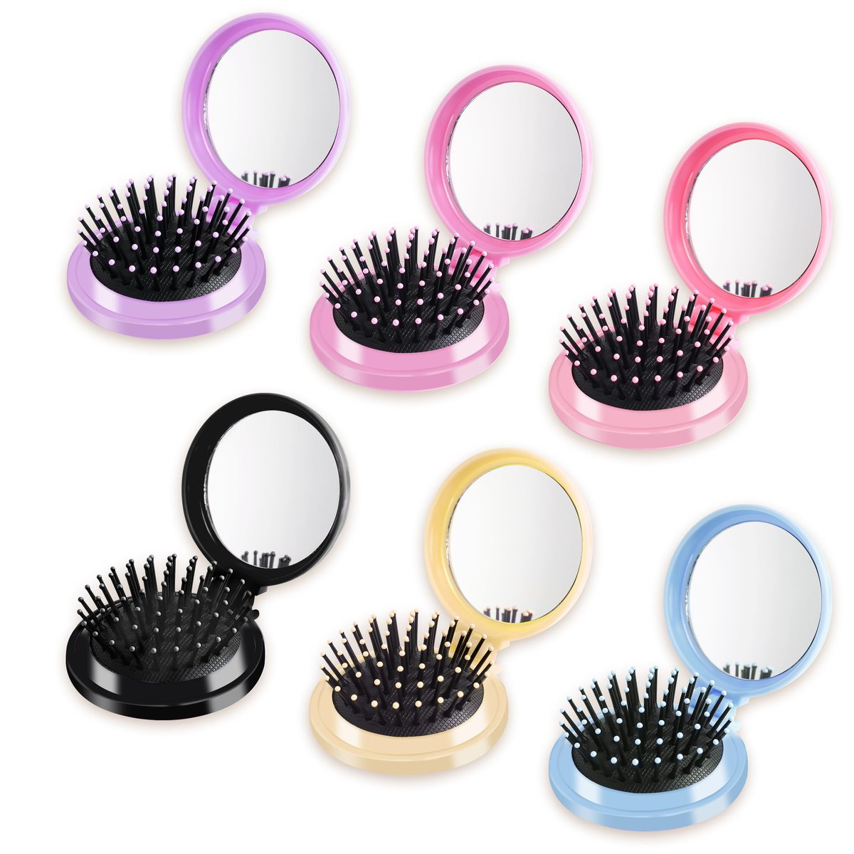6-Piece Mini Hair Brush Set with Makeup Mirror – Compact Travel Hair Brushes for Women & Girls, Portable Round Hair Massage Comb, 6 Colors - görsel 1