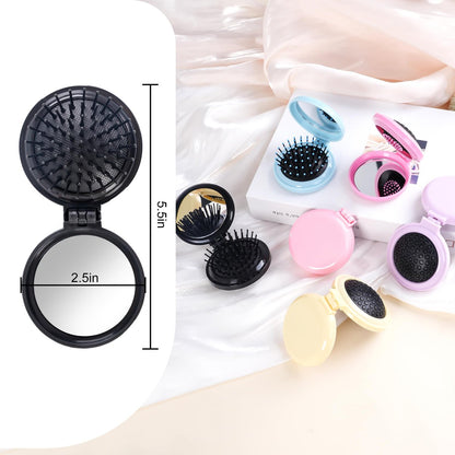 6-Piece Mini Hair Brush Set with Makeup Mirror – Compact Travel Hair Brushes for Women & Girls, Portable Round Hair Massage Comb, 6 Colors