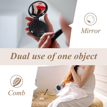 6-Piece Mini Hair Brush Set with Makeup Mirror – Compact Travel Hair Brushes for Women & Girls, Portable Round Hair Massage Comb, 6 Colors